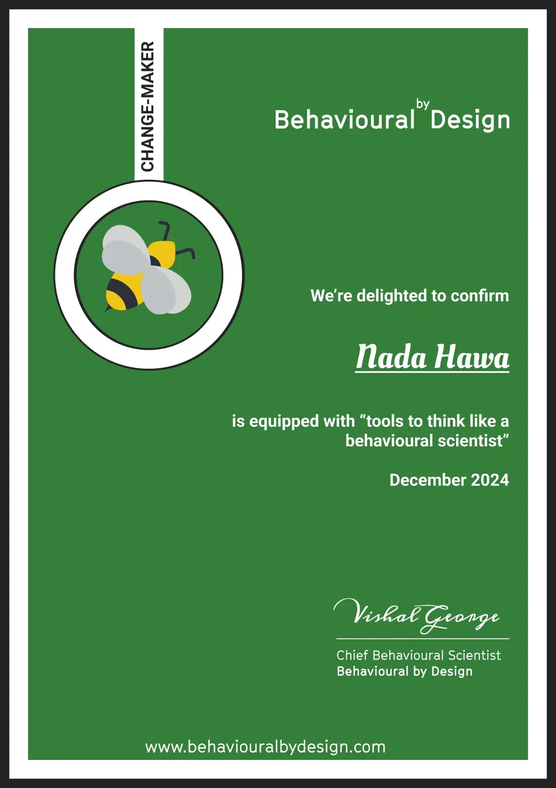 A sample Behavioural by Design practitioner certificate.